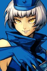 Rule 34 | 1girl, atlus, bare shoulders, bob cut, card, elizabeth (persona), gloves, hat, hungry clicker, megami tensei, persona, persona 3, sega, shin megami tensei, smile, solo, white hair, yellow eyes