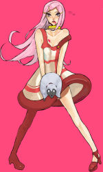 Rule 34 | 00s, 1girl, :o, anemone (eureka seven), animal, bare shoulders, blood, blood on breasts, blood on face, collarbone, eureka seven, eureka seven (series), full body, gulliver (eureka seven), heart, high heels, holding, jewelry, neck ring, off shoulder, open mouth, pink background, pink eyes, pink hair, simple background, solo, standing, teeth