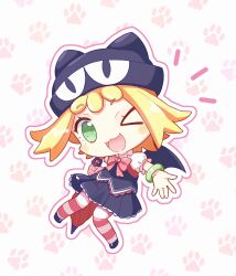 Rule 34 | &gt; o, 1girl, :3, amitie (puyopuyo), animal hat, bat wings, black skirt, blonde hair, blush stickers, bow, cat hat, chibi, closed umbrella, full body, green bracelet, green eyes, hat, highres, holding, holding umbrella, jazz grace, looking at viewer, one eye closed, open mouth, pantyhose, paw print, pink bow, puyo (puyopuyo), puyopuyo, puyopuyo fever, puyopuyo quest, short hair, skirt, solo, striped clothes, striped pantyhose, umbrella, wings