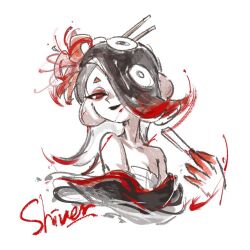 Rule 34 | 1girl, black hair, black lips, breasts, character name, chest sarashi, cleavage, commentary request, hair over one eye, medium hair, nintendo, octoling, red eyes, sarashi, shiver (splatoon), simple background, small breasts, solo, splatoon (series), splatoon 3, tentacle hair, thenintlichen96, upper body, white background