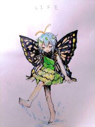 Rule 34 | 1girl, absurdres, antennae, aqua hair, barefoot, blush, butterfly wings, closed eyes, dress, eternity larva, fairy, full body, green dress, hair between eyes, highres, insect wings, leaf, leaf on head, multicolored clothes, multicolored dress, open mouth, short hair, short sleeves, smile, solo, touhou, traditional media, tuntunsbx, wings