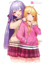 Rule 34 | 2girls, ;d, absurdres, ahoge, artist name, blonde hair, blush, bow, closed mouth, cowboy shot, cropped legs, cross hair ornament, finger to another&#039;s cheek, finger to cheek, gabriel dropout, gabriel tenma white, hair bow, hair ornament, hand in pocket, hand up, highres, jacket, long hair, long sleeves, looking at viewer, multiple girls, non-web source, one eye closed, open mouth, pink jacket, pink skirt, plaid, plaid skirt, purple hair, raphiel shiraha ainsworth, red bow, ryota (ry o ta), sidelocks, simple background, skirt, sleeves past wrists, smile, standing, teeth, upper teeth only, white background, zipper, zipper pull tab