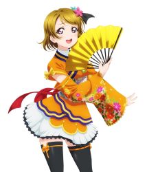 Rule 34 | 10s, 1girl, :d, black thighhighs, brown hair, detached sleeves, hair ornament, hand fan, holding, holding fan, koizumi hanayo, looking at viewer, love live!, love live! school idol festival, love live! school idol project, open mouth, purple eyes, ribbon, short hair, skirt, smile, solo, standing, thighhighs, transparent background, white skirt, yellow ribbon