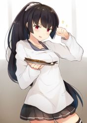 Rule 34 | 10s, 1girl, apron, arm up, black hair, black skirt, black thighhighs, blush, breasts, clenched hand, collarbone, cowboy shot, eyebrows, fish, food, hair ornament, hiiragi souren, holding, holding food, isokaze (kancolle), kantai collection, kappougi, long hair, long sleeves, looking at viewer, medium breasts, open mouth, pleated skirt, ponytail, red eyes, school uniform, serafuku, skirt, smile, solo, sparkle, standing, thighhighs, very long hair, zettai ryouiki