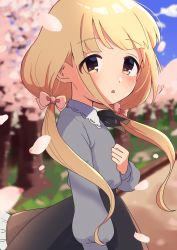 Rule 34 | 1girl, absurdres, blonde hair, cherry blossoms, dashiikachan, futaba anzu, highres, idolmaster, idolmaster cinderella girls, lace collar, low twintails, outdoors, solo, twintails, upper body, yellow eyes
