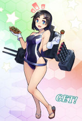 Rule 34 | 10s, 1girl, alternate costume, black hair, blue eyes, blush, competition swimsuit, eyebrows, flip-flops, food, gloves, gradient background, hair ornament, hairclip, honeycomb (pattern), honeycomb background, honeycomb pattern, kantai collection, kuroshio (kancolle), looking at viewer, one-piece swimsuit, open mouth, sandals, short hair, smile, solo, swimsuit, taketora suzume, takoyaki, thick eyebrows, toothpick, torpedo, turret