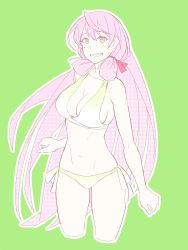 Rule 34 | 1girl, ahoge, akashi (kancolle), bikini, breasts, cleavage, commentary request, cowboy shot, green background, green bikini, grin, highres, kantai collection, long hair, looking at viewer, navel, pink eyes, pink hair, polka dot hair, side-tie bikini bottom, sidelocks, simple background, smile, solo, standing, swimsuit, very long hair, yuuji (and)