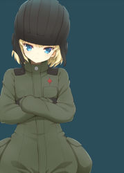Rule 34 | 10s, 1girl, black gloves, blonde hair, blue background, blue eyes, closed mouth, commentary request, crossed arms, girls und panzer, gloves, green jacket, head tilt, jacket, jampen, katyusha (girls und panzer), long sleeves, looking at viewer, military, military uniform, pocket, pravda military uniform, short hair, simple background, solo, sparkle, tsurime, uniform