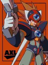 Rule 34 | 1boy, android, axl (mega man), brown hair, capcom, character name, cowboy shot, green eyes, gun, handgun, helmet, highres, holding, holding weapon, hoshi mikan, male focus, open mouth, orange background, pistol, robot, mega man (series), mega man x (series), scar, smile, solo, weapon