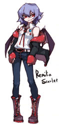 Rule 34 | 1girl, alternate costume, bare shoulders, bat wings, belt, blue hair, boots, casual, contemporary, denim, female focus, jacket, jeans, off shoulder, pants, purple hair, red eyes, remilia scarlet, shirt, short hair, sleeveless, sleeveless shirt, smile, solo, tima, touhou, wings
