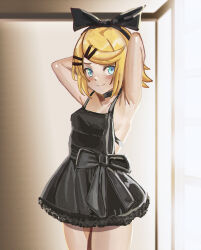Rule 34 | 1girl, armpits, arms behind head, arms up, aruman, black bow, black dress, black hairband, blonde hair, blue eyes, blush, bow, breasts, commentary, cowboy shot, dress, dress bow, frilled dress, frills, hair bow, hair ornament, hair ribbon, hairband, hairclip, highres, indoors, kagamine rin, paid reward available, ribbon, short hair, sideboob, sidelighting, small breasts, smile, solo, standing, variant set, vocaloid, window