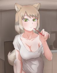 Rule 34 | animal ears, arm support, breasts, brown hair, brushing teeth, closed mouth, collarbone, covered erect nipples, expressionless, feet out of frame, highres, holding, indoors, kemono friends, kyonin dofu, large breasts, leaning forward, medium hair, off shoulder, shirt, simple background, standing, swept bangs, tail, tibetan fox (kemono friends), toothbrush, white shirt, yellow eyes