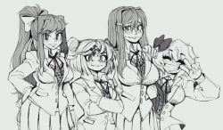 Rule 34 | 4girls, ^ ^, blazer, bow, breasts, closed eyes, collared shirt, crossed arms, doki doki literature club, double bun, fang, fang out, greyscale, hair bow, hair bun, hand on own hip, head tilt, highres, ink (ink01 ), jacket, large breasts, long hair, looking at viewer, monika (doki doki literature club), monochrome, multiple girls, natsuki (doki doki literature club), ponytail, sayori (doki doki literature club), school uniform, shirt, short hair, sidelocks, skirt, small breasts, smile, sweat, v, vest, yuri (doki doki literature club)