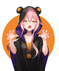 Rule 34 | 1girl, absurdres, am1m, animal hood, black cloak, blush, brave girl ravens, character request, claw pose, cloak, collarbone, fang, hair between eyes, hair flaps, highres, hood, hooded cloak, open mouth, orange shirt, pink hair, shirt, short hair with long locks, solo, upper body, yellow eyes