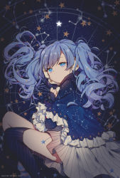 Rule 34 | 1girl, 2016, artist name, blue eyes, blue hair, blue thighhighs, capelet, capricorn (constellation), closed mouth, constellation, constellation print, dress, expressionless, frills, fuyu no yoru miku, hatsune miku, highres, leo (constellation), long hair, looking at viewer, lying, miebao, on side, single thighhigh, sky, solo, space print, star (sky), star (symbol), starry background, starry sky, starry sky print, swept bangs, thighhighs, twintails, vocaloid, watermark, wavy hair, white dress