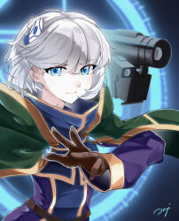 Rule 34 | 1girl, absurdres, belt, blue eyes, brown belt, brown gloves, capelet, closed mouth, commentary request, dress, gloves, gold trim, green capelet, grey hair, gun, hair between eyes, hair ornament, highres, kafuu (user nxhg3438), long sleeves, looking at viewer, magic, magic circle, meteora osterreich, purple dress, re:creators, short hair, signature, solo, weapon