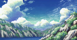 Rule 34 | aoha (twintail), blue sky, cloud, day, grass, no humans, ocean, outdoors, scenery, sky, water