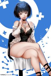 Rule 34 | 1girl, artist name, bare legs, bare shoulders, black choker, black shirt, blue hair, bob cut, breasts, choker, cleavage, collarbone, crossed legs, hand on own neck, highres, jewelry, lab coat, looking at viewer, medium breasts, parted lips, pendant, persona, persona 5, red eyes, shiny skin, shirt, short hair, sitting, sleeveless, sleeveless shirt, smile, solo, spiked choker, spikes, straight hair, takemi tae, thighs, zasshu