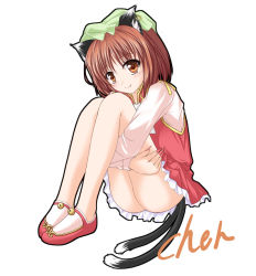 Rule 34 | 1girl, amicis, animal ears, bell, brown hair, cat ears, cat girl, cat tail, character name, chen, earrings, female focus, full body, hat, hugging own legs, jewelry, multiple tails, short hair, simple background, sitting, smile, solo, tail, touhou
