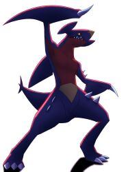 Rule 34 | animal focus, arm up, artist request, black sclera, blue skin, claws, colored sclera, colored skin, creatures (company), dragon, full body, game freak, garchomp, gen 4 pokemon, highres, looking at viewer, nintendo, pokemon, pokemon (creature), sharp teeth, simple background, solo, tail, teeth, white background, yellow eyes