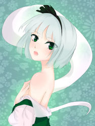Rule 34 | 1girl, bare shoulders, covering privates, covering breasts, floral background, from side, green background, green eyes, hair ribbon, hairband, highres, konpaku youmu, konpaku youmu (ghost), looking at viewer, looking to the side, nape, open mouth, patterned background, ribbon, shirt down, short hair, silver hair, solo, touhou