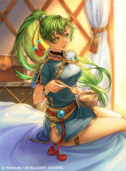 Rule 34 | 1girl, bracelet, breasts, earrings, fgo ave, fire emblem, fire emblem: the blazing blade, fire emblem cipher, food, green hair, hair ornament, high ponytail, holding, jewelry, long hair, looking at viewer, lyn (fire emblem), medium breasts, nintendo, official art, open mouth, short sleeves, simple background, solo, thigh strap, thighs