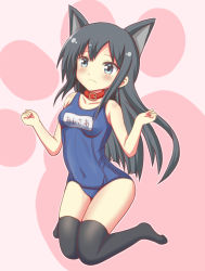 Rule 34 | 10s, 1girl, animal ears, asashio (kancolle), black hair, black thighhighs, blue eyes, blush, collar, dog ears, frown, kantai collection, long hair, one-piece swimsuit, school swimsuit, solo, swimsuit, tamayan, thighhighs, w arms, wrists extended