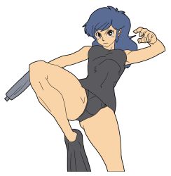 Rule 34 | 1girl, blue hair, brown eyes, gun, highres, holding, holding gun, holding weapon, long hair, oggy (oggyoggy), solo, swimsuit, thighs, transparent background, weapon