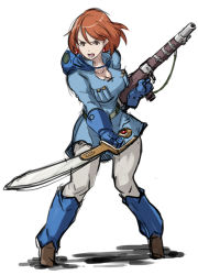 Rule 34 | 1girl, boots, breasts, brown eyes, butcha-u, cleavage, dual wielding, earrings, gaiters, gloves, gun, holding, jacket, jewelry, kaze no tani no nausicaa, large breasts, leg warmers, nausicaa, pants, red hair, riding boots, rifle, short hair, sketch, solo, sword, weapon