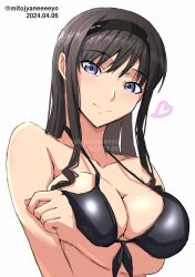 Rule 34 | 1girl, absurdres, amagami, arm under breasts, bikini, black bikini, black hair, black hairband, blue eyes, breasts, cleavage, closed mouth, collarbone, curly hair, dated, drill hair, front-tie bikini top, front-tie top, hairband, halterneck, heart, highres, large breasts, light smile, long hair, looking at viewer, mitojyaneeeeyo, morishima haruka, simple background, solo, swimsuit, twitter username, upper body, white background