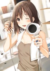 Rule 34 | 1girl, ;d, bathroom, blurry, blurry background, blush, bottle, breasts, brown eyes, brown hair, cleavage, collarbone, commentary request, dutch angle, fingernails, hair between eyes, hair dryer, highres, holding, holding hair, indoors, kukiha, looking at viewer, medium hair, one eye closed, open mouth, original, shirt, sink, small breasts, smile, soap, solo, teeth, towel, towel around neck, upper body, wet, wet hair, white towel