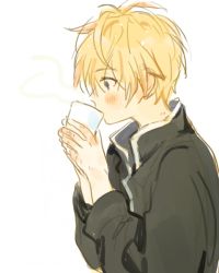 Rule 34 | 1boy, blonde hair, blue eyes, blush, coffee, cup, drinking, johan talede, kuzuvine, looking to the side, lord of heroes, pale skin, white background