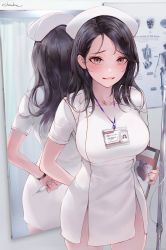 Rule 34 | 1girl, :d, arm behind back, black hair, blush, breasts, chowbie, clipboard, collarbone, dress, hat, highres, holding, holding clipboard, holding syringe, id card, lanyard, large breasts, long hair, looking at viewer, mirror, nurse, nurse cap, open mouth, original, parted bangs, pelvic curtain, purple eyes, reflection, smile, solo, syringe, white dress, yandere