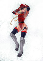 Rule 34 | 1girl, alternate costume, blonde hair, blue eyes, braid, cammy white, capcom, cosplay, highres, impossible clothes, looking at viewer, m. bison, m bison (cosplay), smile, solo, street fighter, street fighter iv (series), thighhighs