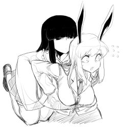 Rule 34 | 2girls, animal ears, blazer, blush, breasts, carrying, closed mouth, collar, cowboy shot, flying sweatdrops, frilled collar, frills, full body, greyscale, hime cut, houraisan kaguya, jacket, japanese clothes, kimono, large breasts, long hair, looking afar, monochrome, multiple girls, open mouth, rabbit ears, reisen udongein inaba, shoes, simple background, sketch, skirt, solid eyes, spacezin, touhou