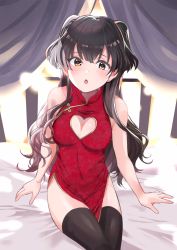 Rule 34 | 1girl, artist request, black hair, black thighhighs, blunt bangs, blush, breasts, brown eyes, china dress, chinese clothes, cleavage, cleavage cutout, clothing cutout, curtains, dress, heart cutout, highres, idolmaster, idolmaster shiny colors, long hair, looking at viewer, mayuzumi fuyuko, medium breasts, on bed, open mouth, red dress, sitting, solo, thighhighs, thighs