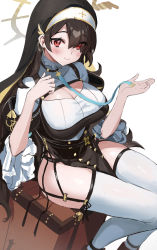 Rule 34 | 1girl, asymmetrical bangs, black hair, blue archive, blue neckwear, breasts, brown bag, cleavage cutout, clothing cutout, cross, cross earrings, earrings, eyes visible through hair, feet out of frame, frills, garter belt, garter straps, habit, hair over one eye, halo, highres, hinata (blue archive), jewelry, large breasts, long hair, looking at viewer, nun, red eyes, simple background, sitting, smile, solo, stone (ksorede), suitcase, thighhighs, white background, white thighhighs