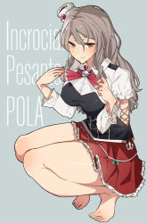 Rule 34 | 10s, 1girl, barefoot, blush, bow, breasts, brown eyes, feet, grey hair, hat, kantai collection, large breasts, legs, long hair, looking at viewer, mini hat, pola (kancolle), smile, squatting, toes, wavy hair
