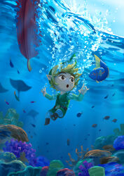 Rule 34 | 1boy, :o, air bubble, artist name, belt, black belt, blonde hair, boots, brown eyes, brown footwear, bubble, commentary, coral, coral reef, english commentary, fish, full body, green hat, green shirt, green tunic, hands up, hat, jasqreate, link, long sleeves, male focus, manta ray, nintendo, ocean, open mouth, pants, phrygian cap, pointy ears, shirt, short hair, sidelocks, signature, solo, splashing, submerged, surgeonfish, the legend of zelda, the legend of zelda: the wind waker, toon link, tropical fish, tunic, underwater, water, watermark, white pants