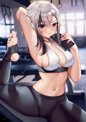 Rule 34 | 1girl, arlecchino (genshin impact), arm up, armpits, black hair, black nails, black pants, blue eyes, blurry, blurry background, blush, breasts, cellphone, commentary, crop top, english commentary, genshin impact, grey hair, hair between eyes, hand up, highres, holding, holding phone, indoors, large breasts, leggings, looking at viewer, medium hair, midriff, multicolored hair, nail polish, navel, pants, phone, smartphone, solo, sports bra, squchan, stirrup legwear, stomach, symbol-shaped pupils, thighs, toeless legwear, toenail polish, toenails, x-shaped pupils