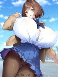 Rule 34 | 1girl, blue skirt, blurry, blurry background, bouncing breasts, breasts, brown hair, brown jacket, brown pantyhose, button gap, cameltoe, clothes lift, cloud, covered erect nipples, day, dot nose, female focus, green eyes, huge breasts, jacket, kisuke i, looking at viewer, no bra, open mouth, outdoors, pantyhose, pleated skirt, shirt, short hair, skirt, skirt lift, sky, smile, solo, standing, thick thighs, thigh gap, thighs, white shirt, wide sleeves