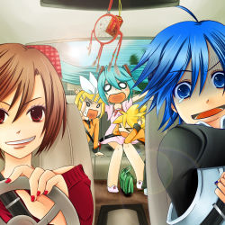 Rule 34 | &gt; &lt;, 2boys, 3girls, agi (kankarado), ahoge, alternate costume, aqua hair, bag, blonde hair, blue eyes, blue hair, brown hair, car, car interior, casual, closed eyes, constricted pupils, dream catcher, driving, eyeshadow, grin, hair ornament, hairclip, hand on head, hatsune miku, highres, kagamine len, kagamine rin, kaito (vocaloid), lens flare, long hair, makeup, md5 mismatch, meiko (vocaloid), motor vehicle, multiple boys, multiple girls, nail polish, o o, omamori, open mouth, outstretched arms, pointing, red eyes, red nails, right-hand drive, scared, short hair, smile, spread arms, sun, teardrop, turn pale, twintails, vehicle, very long hair, vocaloid