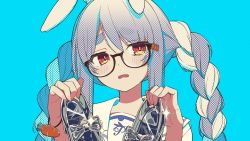 Rule 34 | 1girl, animal ears, black-framed eyewear, blue background, blue hair, braid, carrot, cinderella (vocaloid), glasses, highres, holding, holding shoes, hololive, looking at viewer, multicolored hair, official art, oshiruko (oshiruco 212048), rabbit ears, red eyes, sailor collar, shoes, solo, song name, symbol in eye, twintails, usada pekora, virtual youtuber, vocaloid, white hair, white sailor collar
