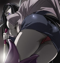 Rule 34 | 1girl, afro samurai, ass, black hair, boots, breasts, brown eyes, cleavage, from below, haruyama kazunori, knife, large breasts, lips, lipstick, long hair, makeup, miniskirt, open clothes, panties, pantyshot, red panties, sio (afro samurai), skirt, solo, thigh boots, thighhighs, underwear, upskirt
