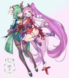 Rule 34 | 2girls, alt text, black eyes, braid, braided hair rings, breasts, character request, closed mouth, earrings, fang, flower knot, geta, green hair, hair between eyes, hair rings, highres, hikimayu, horns, indie virtual youtuber, jewelry, large breasts, long hair, looking at viewer, medium breasts, multiple girls, open mouth, outstretched arms, pantyhose, pink hair, pointy ears, ponytail, second-party source, shuri (84k), single leg pantyhose, single thighhigh, skin fang, skindentation, smile, tengu-geta, thick eyebrows, thigh strap, thighhighs, toeless legwear, twitter username, very long hair, virtual youtuber, yellow eyes