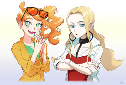 Rule 34 | 2girls, bad id, bad twitter id, black choker, blonde hair, blouse, blush, buttons, choker, coat, commentary request, creatures (company), crossed arms, earrings, eyewear on head, game freak, green eyes, green nails, green shirt, hair ornament, haji (hajimaji), half-closed eyes, heart, heart hair ornament, highres, hoop earrings, jewelry, korean commentary, long hair, looking at viewer, looking down, multiple girls, nail polish, nintendo, oleana (pokemon), open mouth, orange coat, orange hair, own hands together, pokemon, pokemon swsh, red lips, red nails, red shirt, shirt, side ponytail, sonia (pokemon), sunglasses, teeth, tongue, white coat