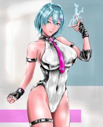 Rule 34 | 1girl, blue hair, breasts, dead or alive, highres, large breasts, leotard, nico (doa), solo, white leotard