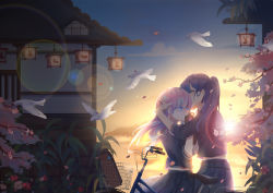 Rule 34 | 2girls, architecture, bicycle, bicycle basket, bird, black skirt, blue eyes, cherry blossoms, closed eyes, cloud, dove, earrings, east asian architecture, hands up, highres, jewelry, kiss, lantern, long hair, multiple girls, original, outdoors, paper lantern, pink hair, plant, ponytail, school uniform, skirt, standing, sunset, uniform, yugi-na, yuri