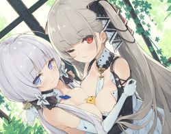 Rule 34 | 2girls, azur lane, between breasts, blue eyes, blush, breast press, breasts, cleavage, commentary request, detached collar, dutch angle, elbow gloves, formidable (azur lane), gloves, grey hair, hair ornament, hair ribbon, illustrious (azur lane), large breasts, long hair, looking at viewer, manjuu (azur lane), medium breasts, mole, mole under eye, multiple girls, one eye closed, platinum blonde hair, red eyes, ribbon, smile, symmetrical docking, tam-u, twintails, two-tone ribbon, upper body, very long hair, white gloves