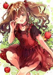Rule 34 | ;d, apple, apple hair ornament, bracelet, brown eyes, brown hair, collarbone, dress, food, food-themed hair ornament, fruit, hair ornament, highres, jewelry, long hair, looking at viewer, nanahamu, one eye closed, open mouth, original, red dress, red shirt, shirt, smile, solo, two side up, wavy hair